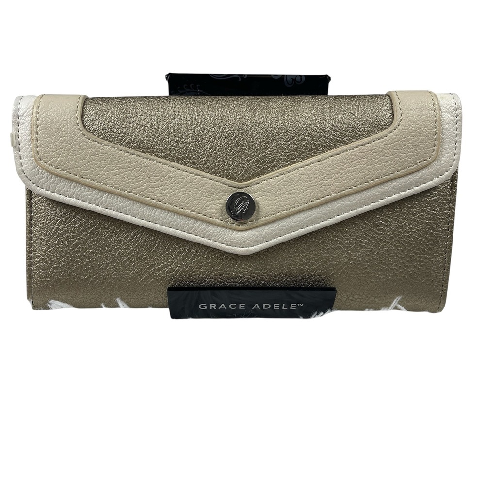 Grace Adele Metallic Gold Continental Wallet‎ Tri-Tone Faux Leather Snap Clutch